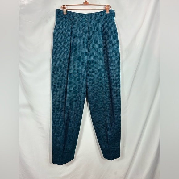 Vintage Rodier Paris wool teal & black herringbone trousers size 38 - Picture 1 of 4